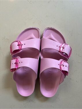 Birkenstock Pink Double-Strap Slide with Clear Buckles, 38 waterproof